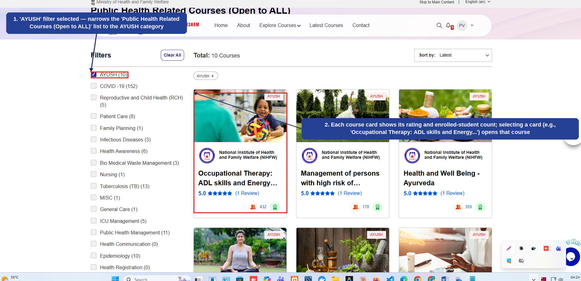 Fig 2.11 (a) — Public Health Courses: Filtering and Selecting a Course