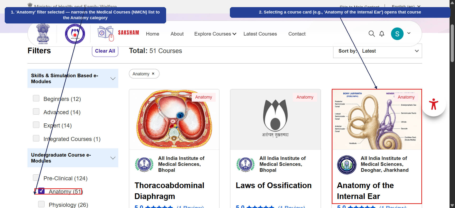 Fig 2.12 (b) — Medical Courses (NMCN): Filtering and Selecting a Course