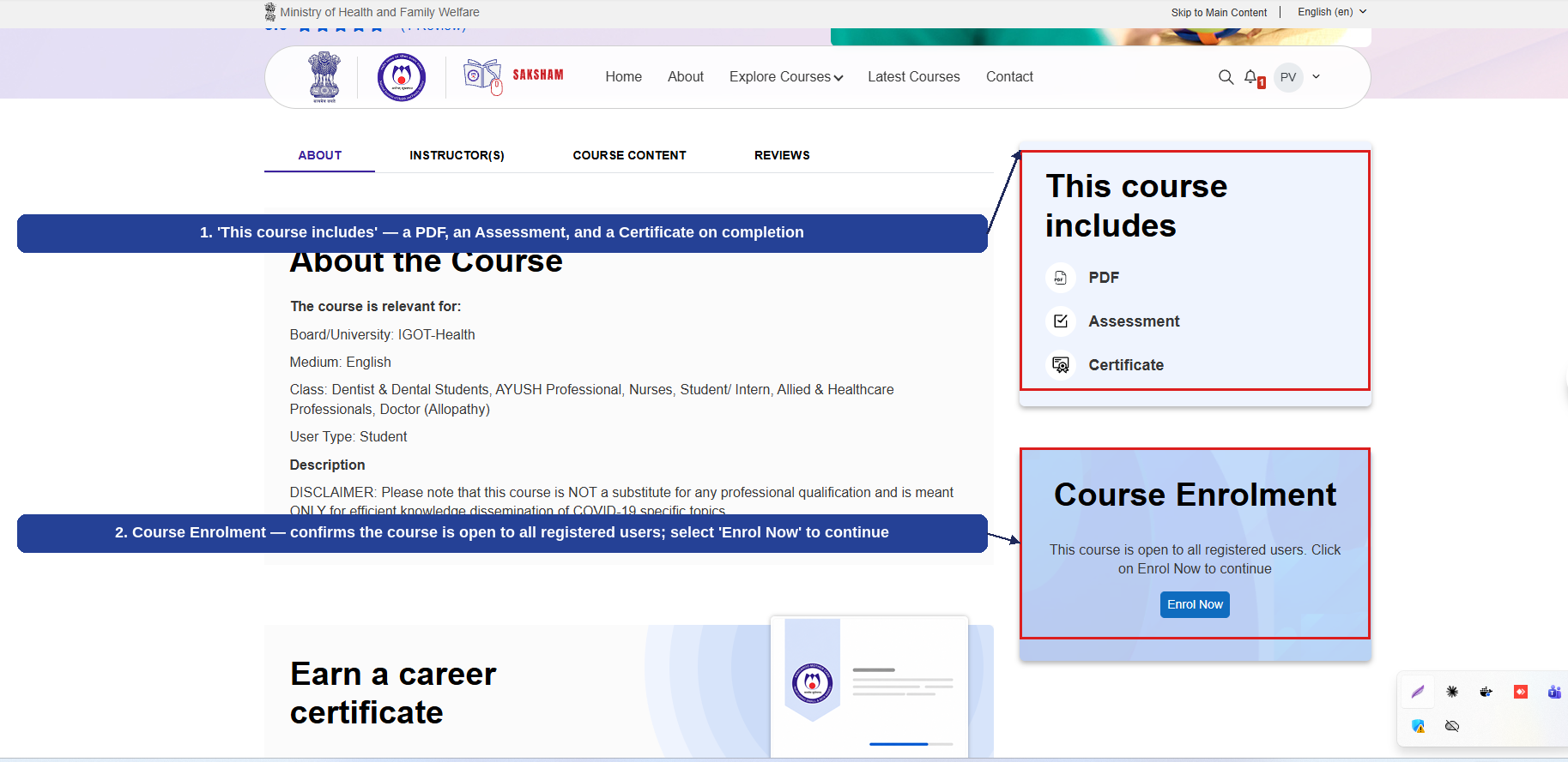 Fig 2.11 (c) — Course Detail Page: Course Includes and Course Enrolment