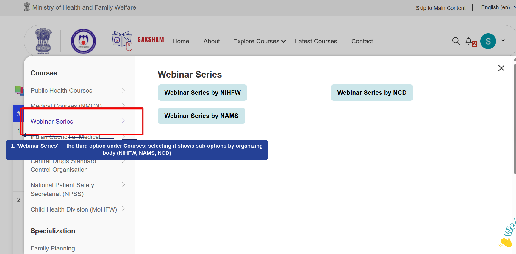 Fig 2.8.3 (b) — Explore Courses: Webinar Series (Third Option Under Courses)